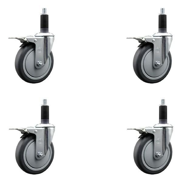 5'' Thermoplastic Rubber Swivel 1-1/8'' Expanding Stem Caster Set Total Lock Brake, 4PK